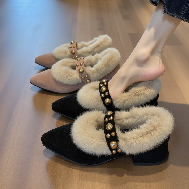 【兔毛绒】黑色毛毛鞋女新款外穿加绒豆豆鞋尖头毛毛鞋网红款