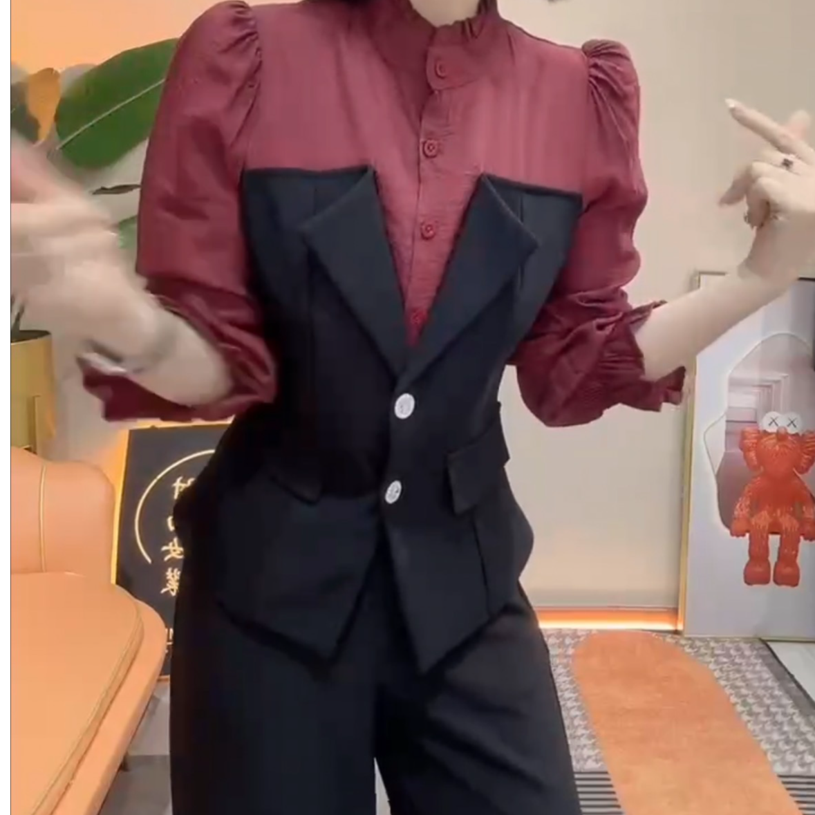 2025春季新款时尚气质百搭显瘦洋气拼接上衣+阔腿裤两件套