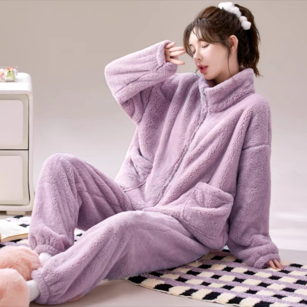 上衣+裤子加厚睡衣两件套冬季男女同款套装可外穿纯色家居服保暖