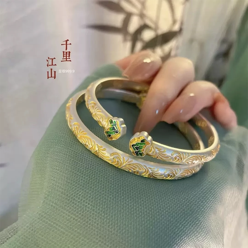 足银手镯 63号链接【珐琅千里江山】足银999.9手镯带证书礼盒包装