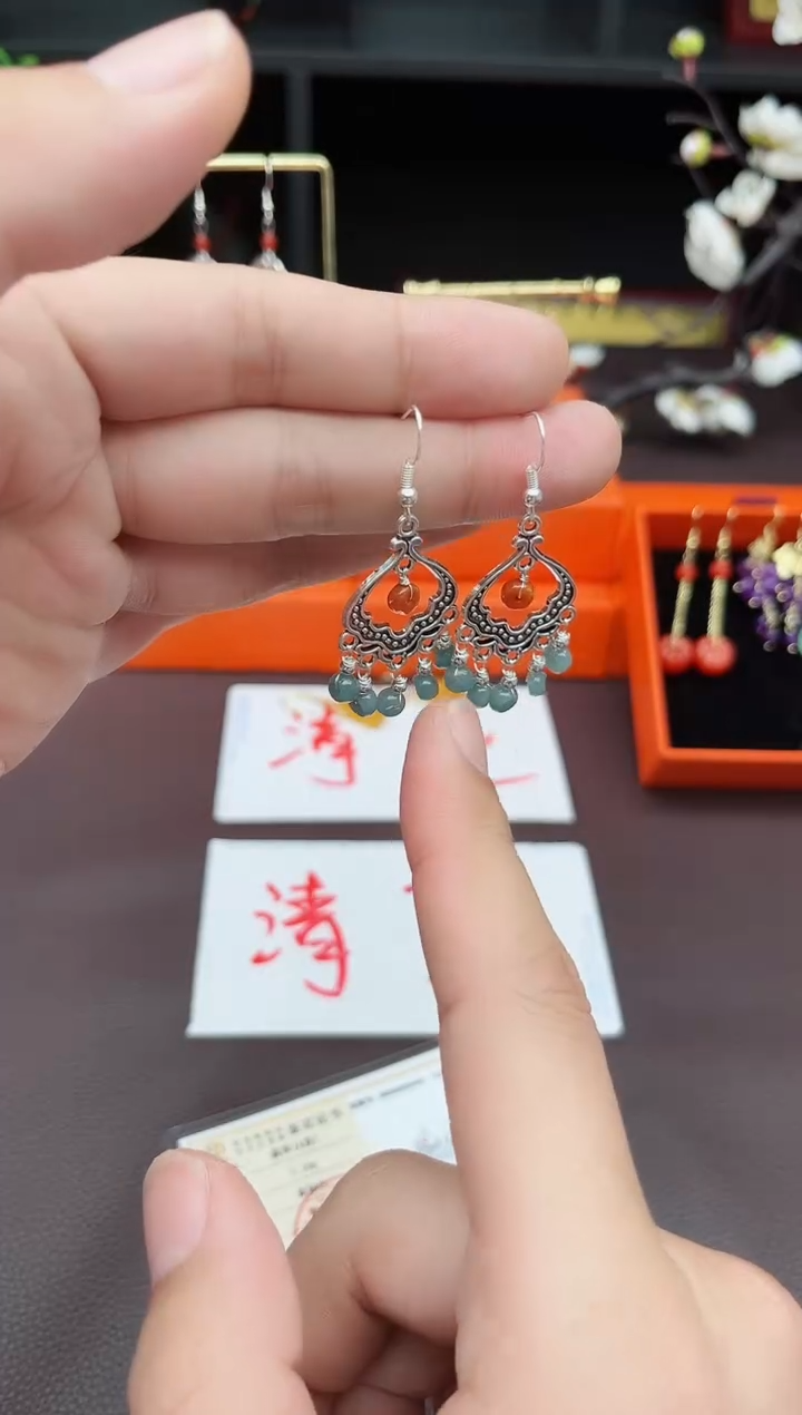 翡翠银S925镶嵌耳饰432000