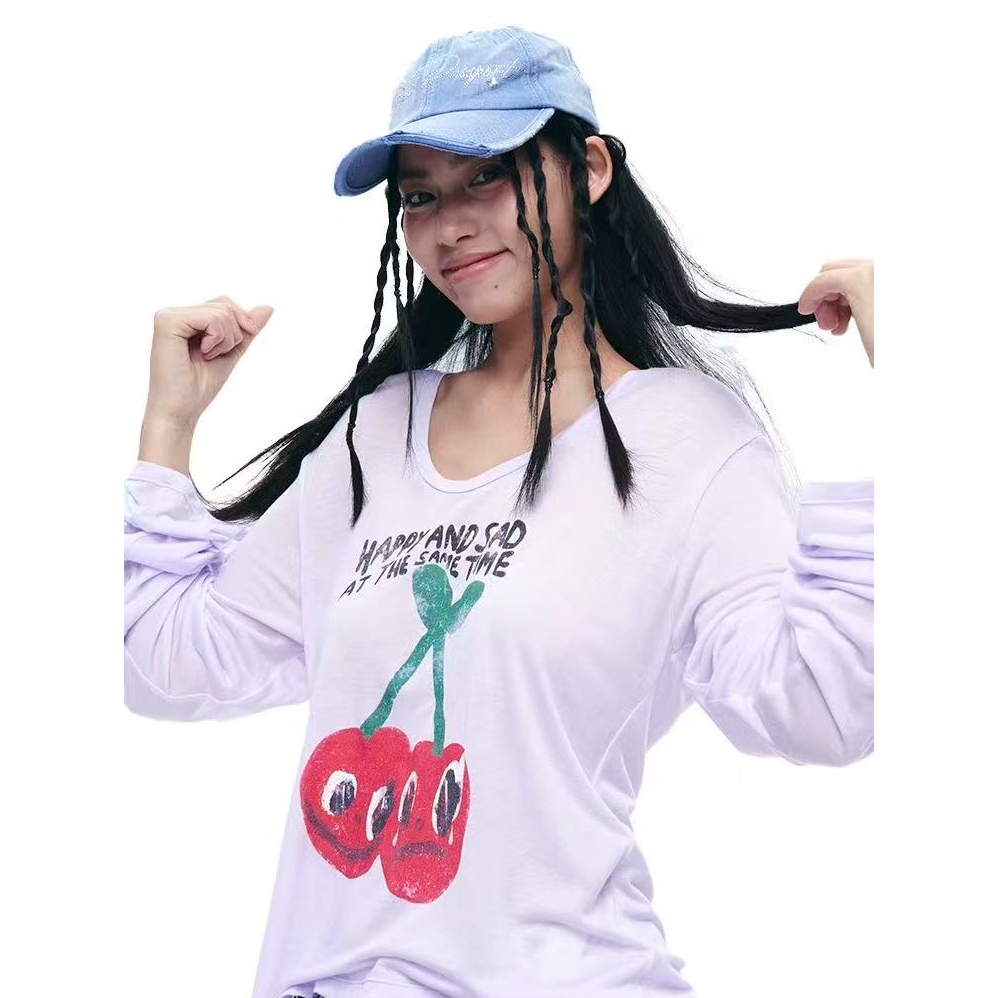 【自播】MOF 少女百货  紫色樱桃印花宽松罩衫ISC 