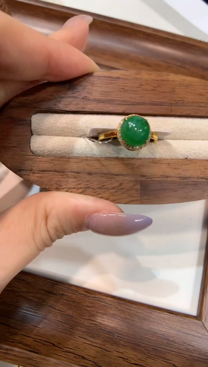 18K金镶嵌戒指翡翠戒指14圈上下两个圈口免费改