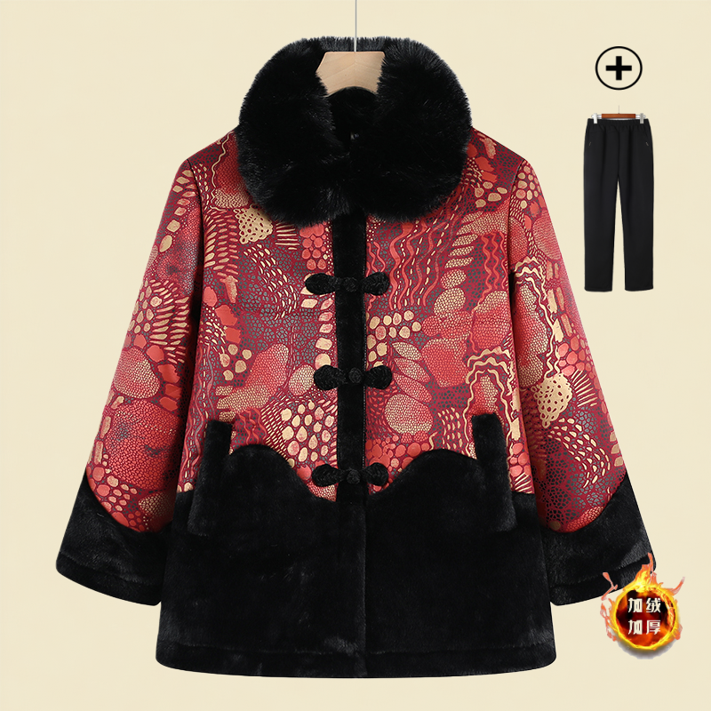 新中式复古冬装加绒加厚皮毛一体奶奶妈妈大衣外套中老年女装棉袄