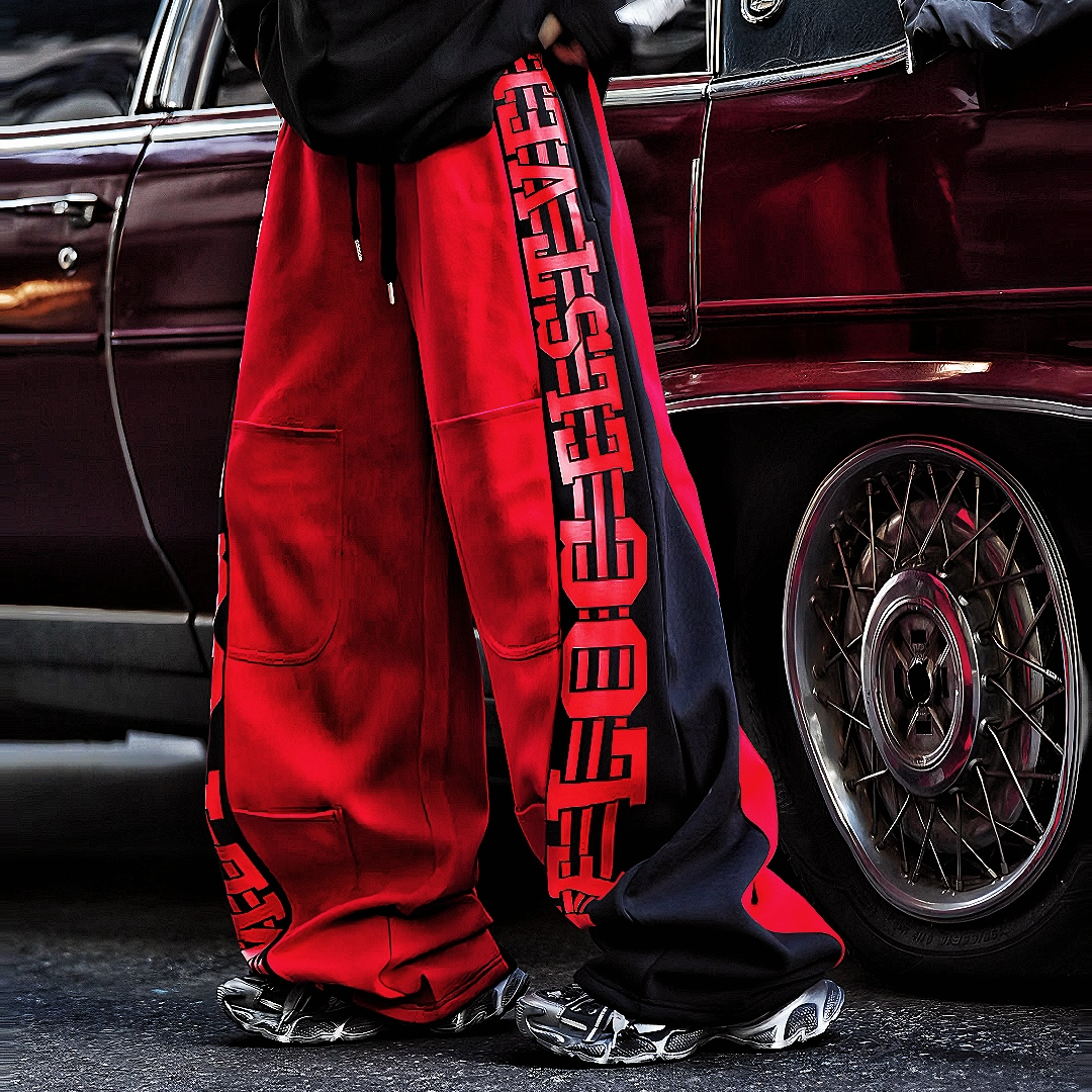 【字母乐符】防寒加绒复古条纹街头裤男女oversize街头百搭阔腿裤