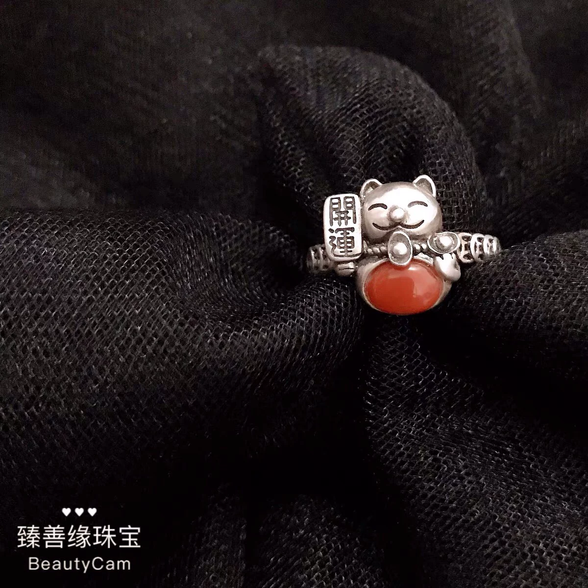925银戒指 招财猫戒指女纯银复古做旧红色蛋面新年红猫咪指环