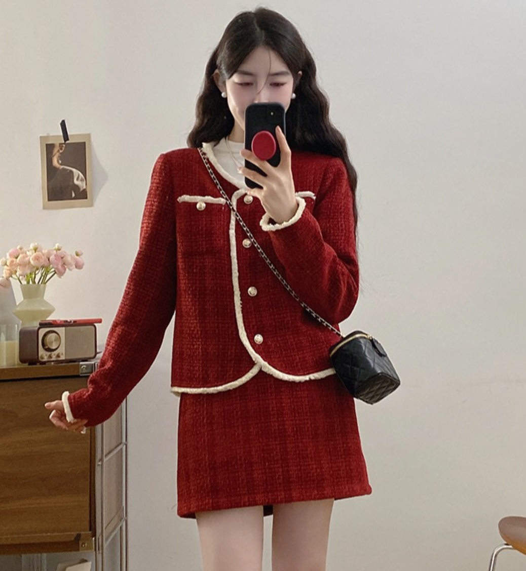 20959（302）21028秋冬季法式高级感千金风外套加半身裙套装