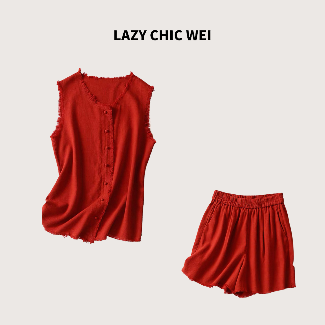 WEI 莱赛尔苎麻混纺手工流苏极简马甲套装2505SSW5399