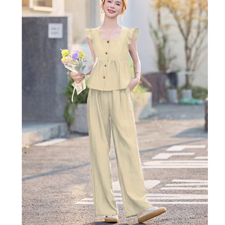 时尚套装女夏季新款飞飞袖阔腿裤两件套8520# 衣长53 裤长100