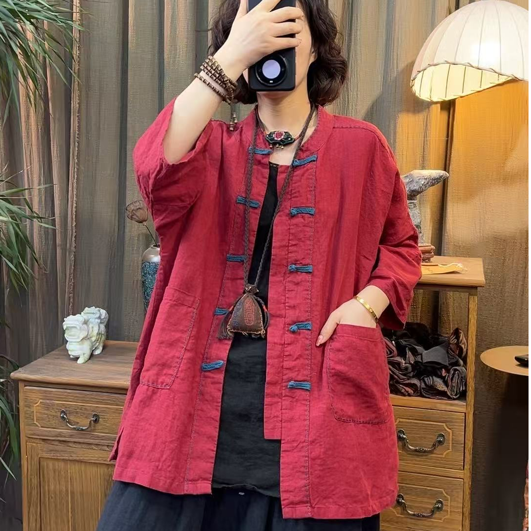 那年 原创设计/25127复古休闲百搭砂洗雨露亚麻盘扣开衫（衣长75
