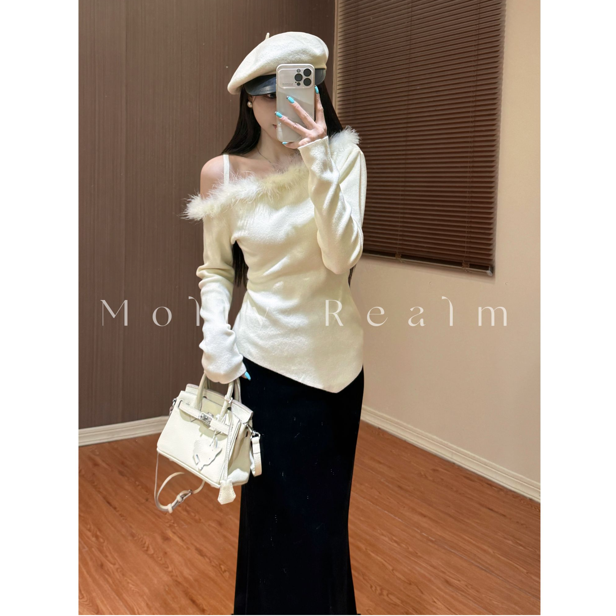 Molly定制”半岛浅痕“一字领毛针织衫法式气质打底衫MK86072