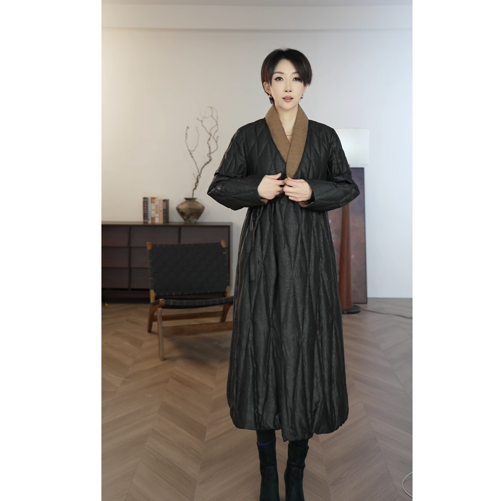 九儿家香云纱国风新中式道袍款90白鹅绒羽绒服女装菱格纹冬季3273