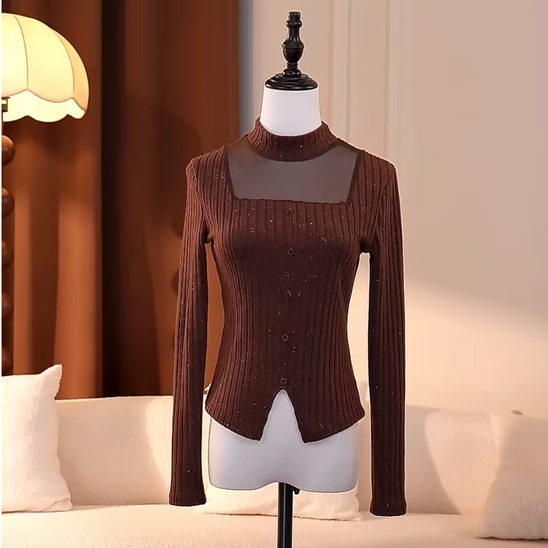 2025秋冬新款法式温柔风蕾丝拼接设计长袖修身绒衫-A786