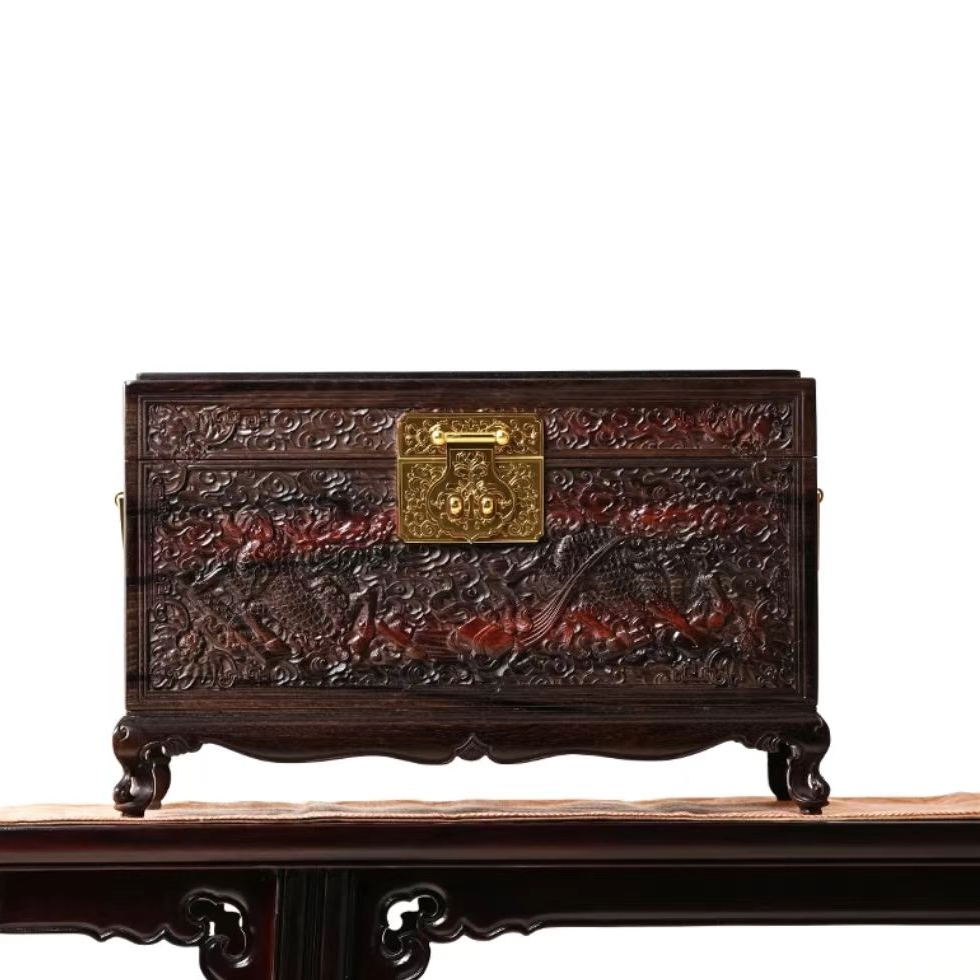 大红酸枝首饰盒 大号精雕龙凤纹 高端红木收纳箱