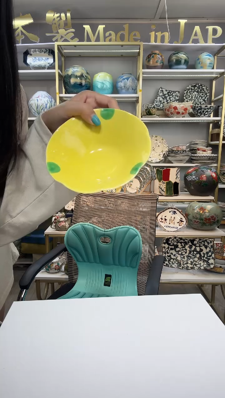 瓷有田烧黄色绿点钵碗14cm一只