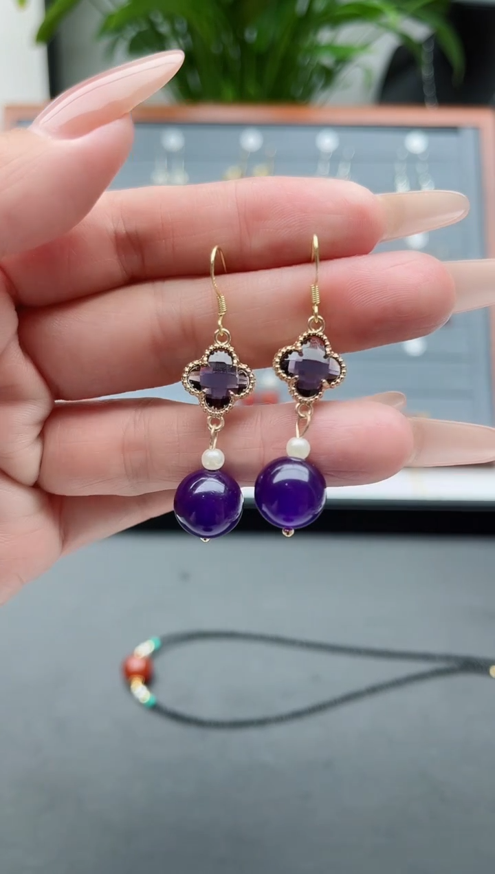 【闪购商品】玛瑙/玉髓耳饰银S925镀金镶嵌090