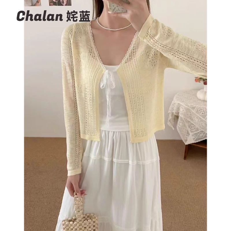 CHALAN姹蓝 夏季短款镂空宽松蕾丝拼接针织开衫
