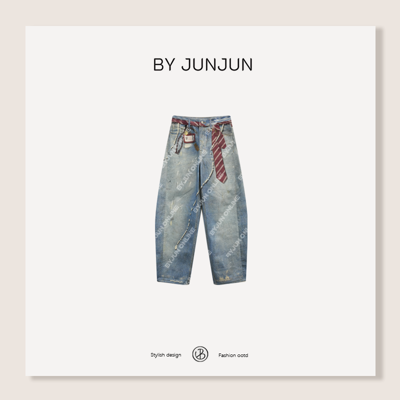 ByJunjun AC牛 3D立体印花弯刀牛仔裤冬季百搭牛仔裤