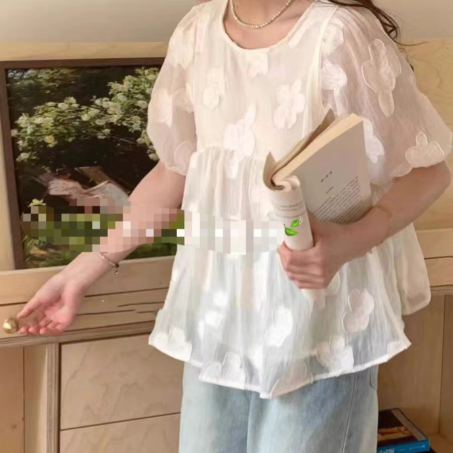 MS423948法式圆领蕾丝衫女夏季新款时尚宽松显瘦遮肚气质上衣