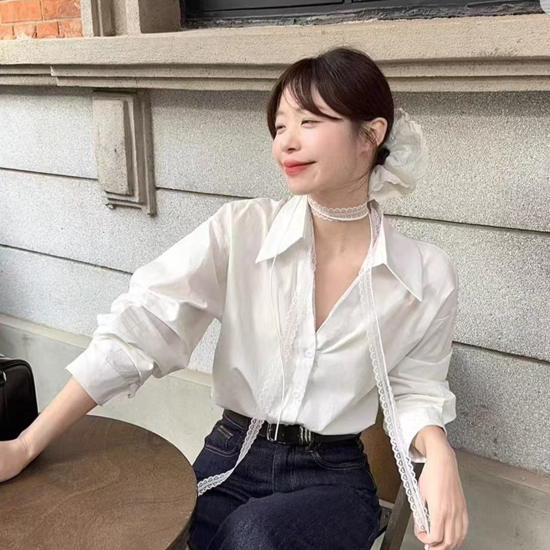 春季纯色甜美减龄蕾丝飘带长袖衬衫女休闲宽松设计感衬衣8365