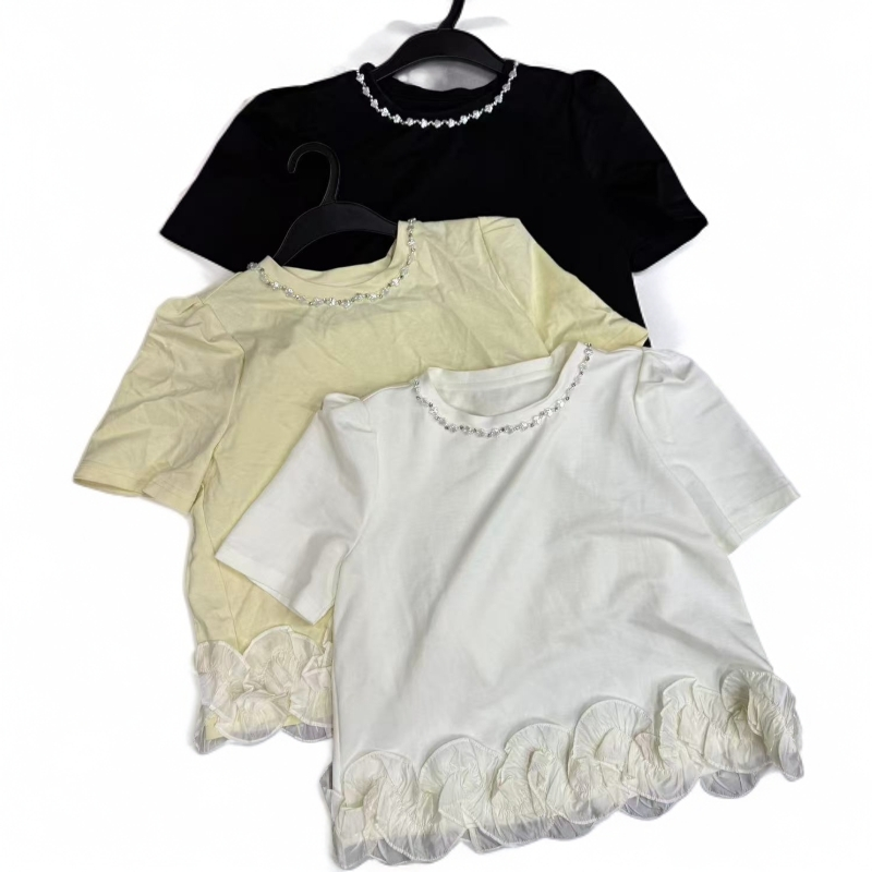 1123四色钉珠圆领小蕾丝花边短袖上衣衬衫