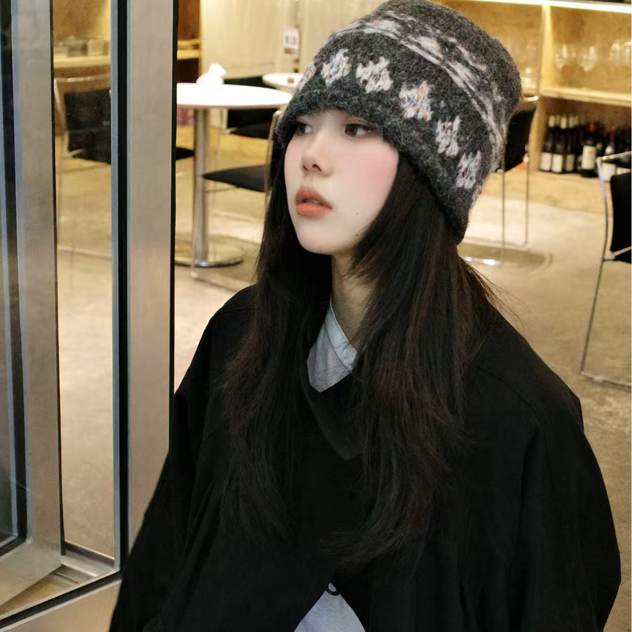 日系费尔岛风针织堆堆帽 女秋冬季2025新款提花氛围感冷帽   