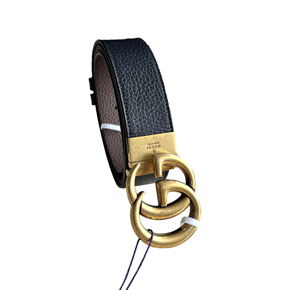 99新 GUCCI/古驰 复古金旋转扣黑棕双面荔枝纹腰带3.7CM宽 经典