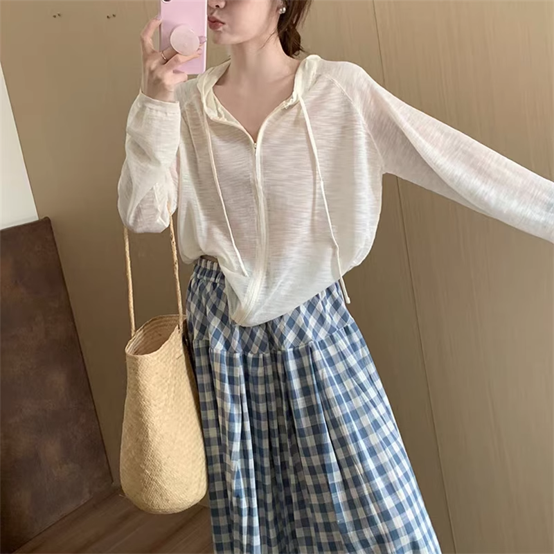 夏季新款韩版连帽拉链针织开衫女清爽透气竹节麻冰丝长袖防晒外套