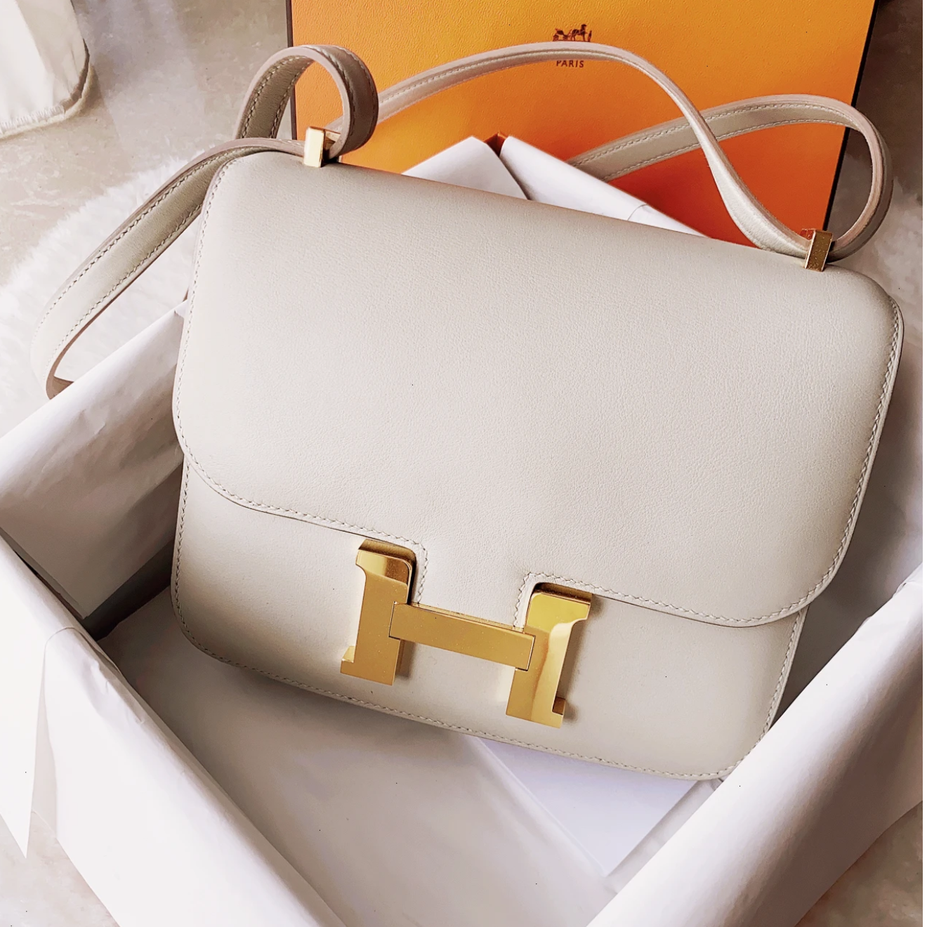 99新 Hermes/爱马仕 爱马仕康康19奶昔白金扣X单肩包Z386