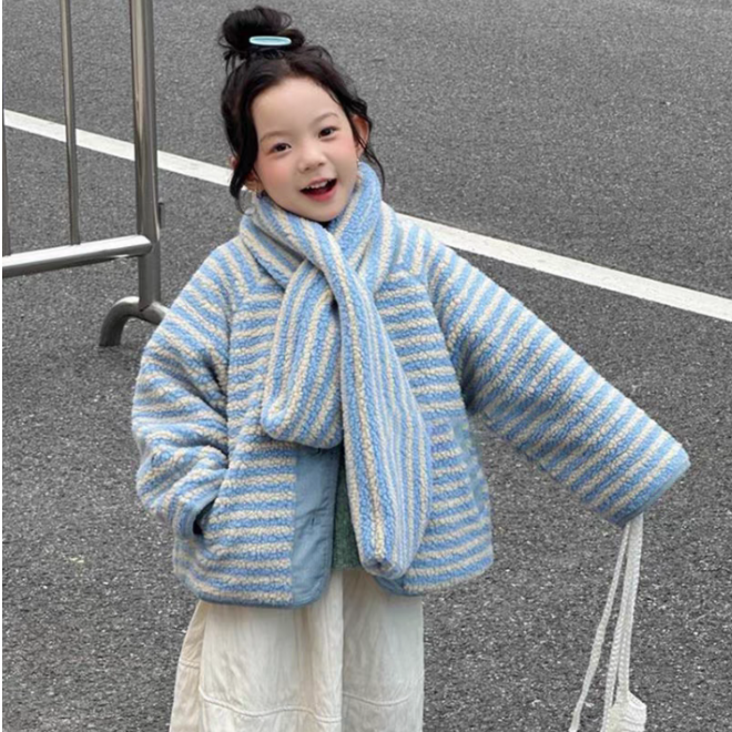 女童中大童2025冬季休闲风条纹保暖外套百搭秋冬季韩版气质大衣