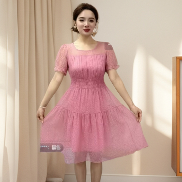 2025夏季新款高腰显瘦气质减龄时尚百搭小个子收腰连衣裙粉色