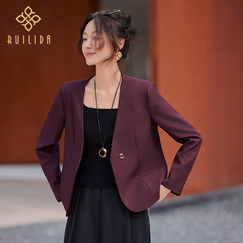 RUILIDA高端秋季短款气质V领休闲宽松百搭时尚显瘦韩版小西装套装