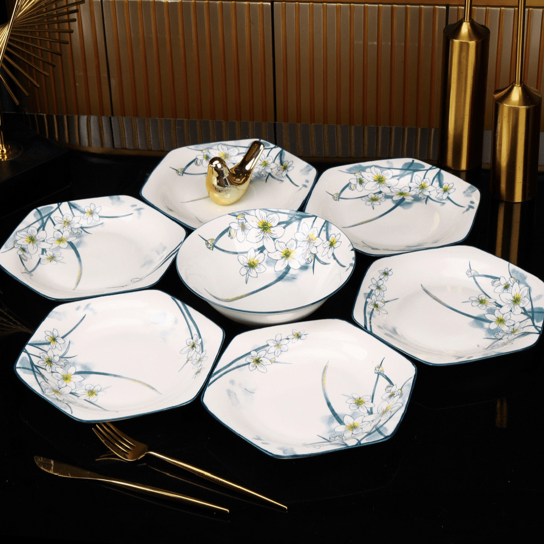 8.5英寸水仙花六角盘6个+8英寸汤碗1个+汤勺1个 破损联系客服