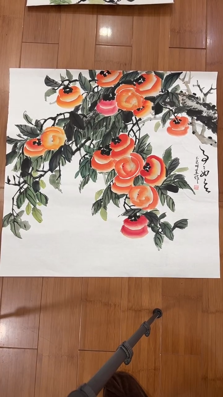 国画【福利，纯手工手绘】听昱柿子68*68厘米