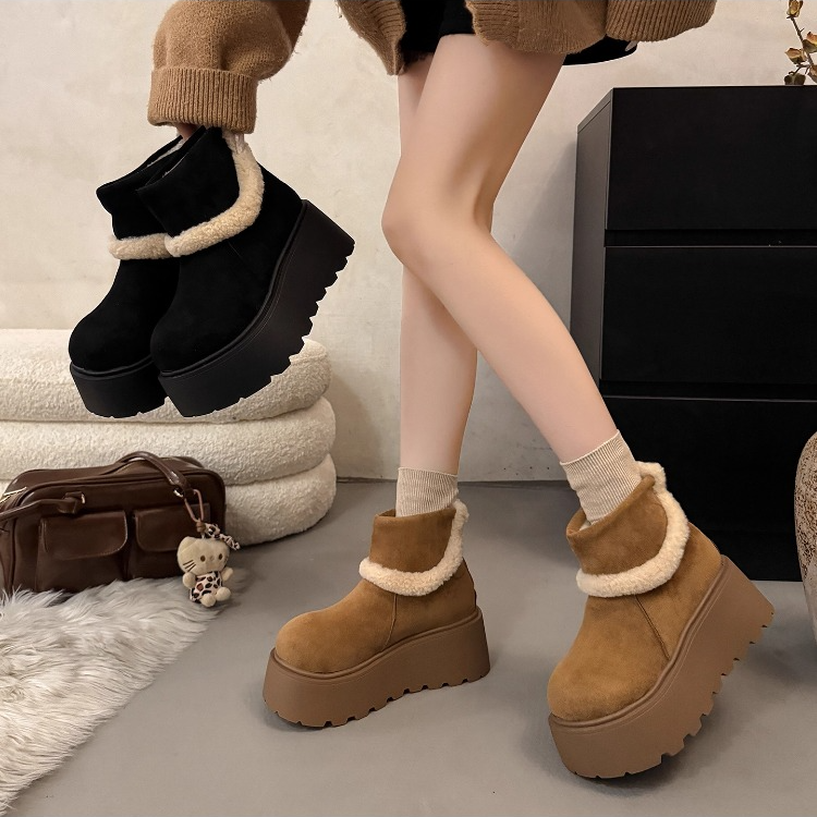 2025新款厚底毛绒雪地靴女冬季加绒保暖一脚蹬增高棉靴加厚毛毛鞋