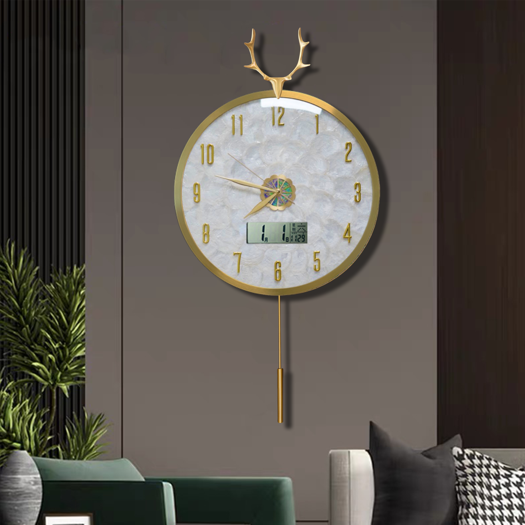 现代古铜简约梅花鹿款挂钟客厅装饰壁钟创意静音表挂墙时尚石英钟
