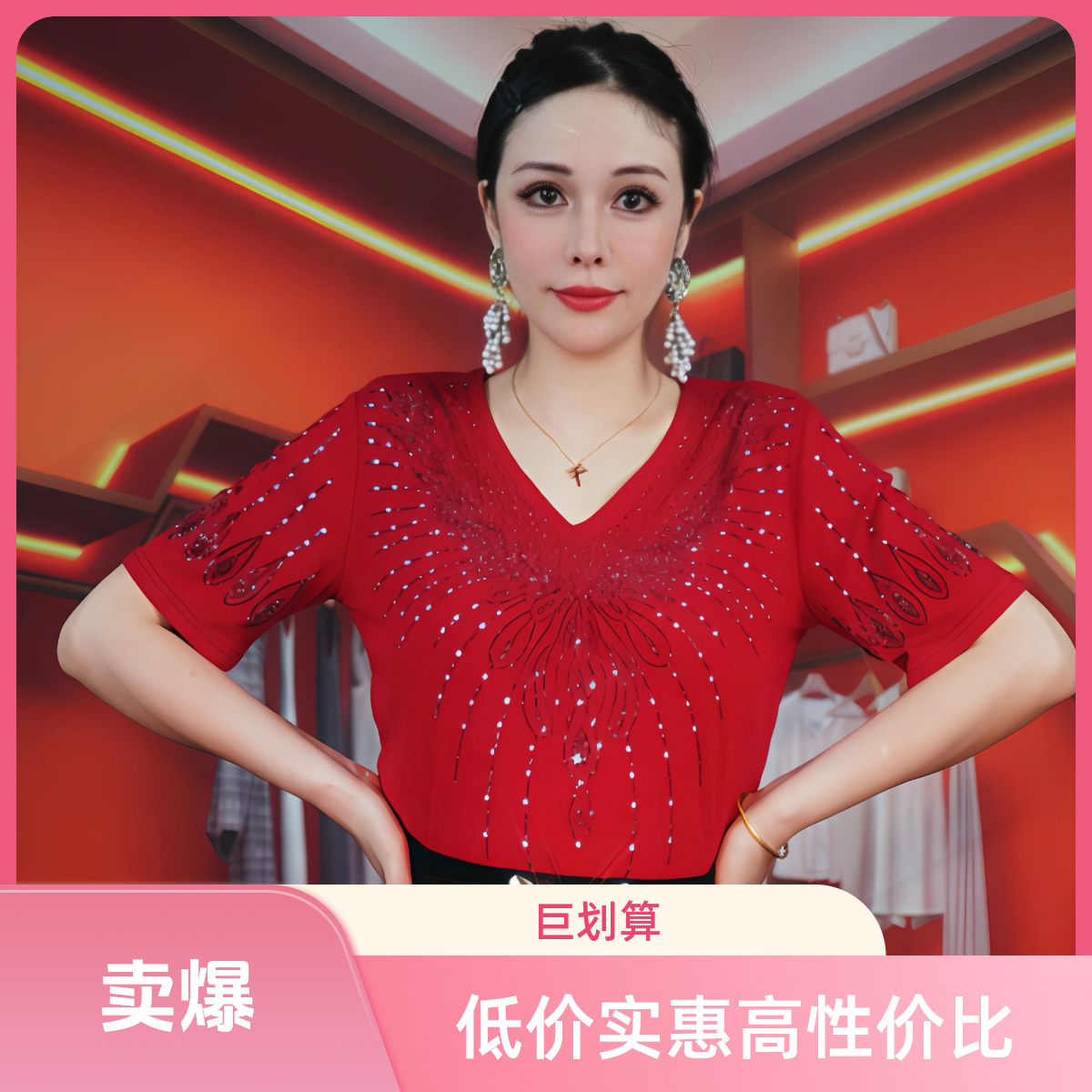 【流星蝴蝶V领短袖】2025新款镶钻百搭V领短袖女轻奢色重工打底衫