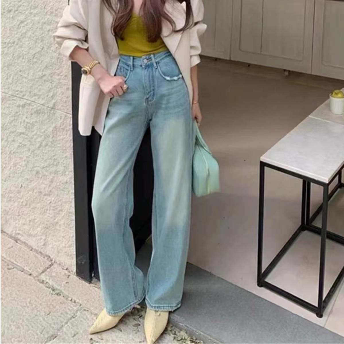 早春破洞阔腿牛仔裤女浅色洗水高腰宽松休闲拖地直筒长裤潮8871