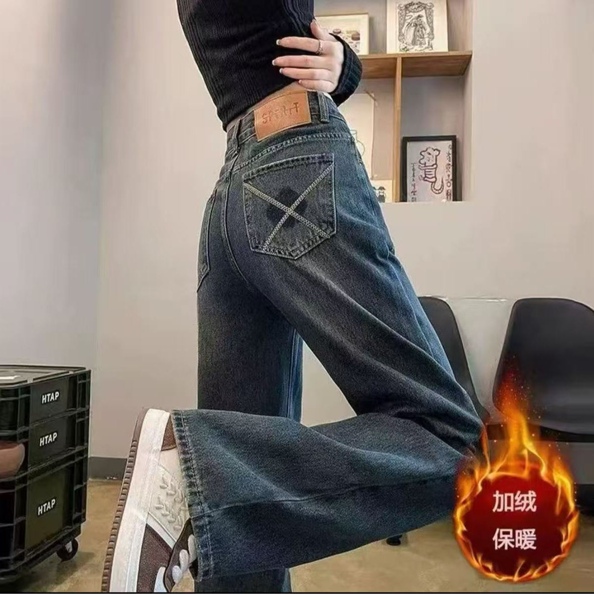 【现货 运费险】加绒水泥灰新款潮流牛仔裤女秋冬宽松显高显瘦百搭