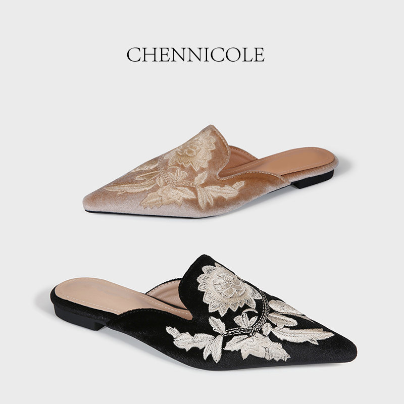 【陳妮可nicole】穆勒鞋  繁花刺绣 1.0CM国风尖头一脚蹬半拖鞋单鞋