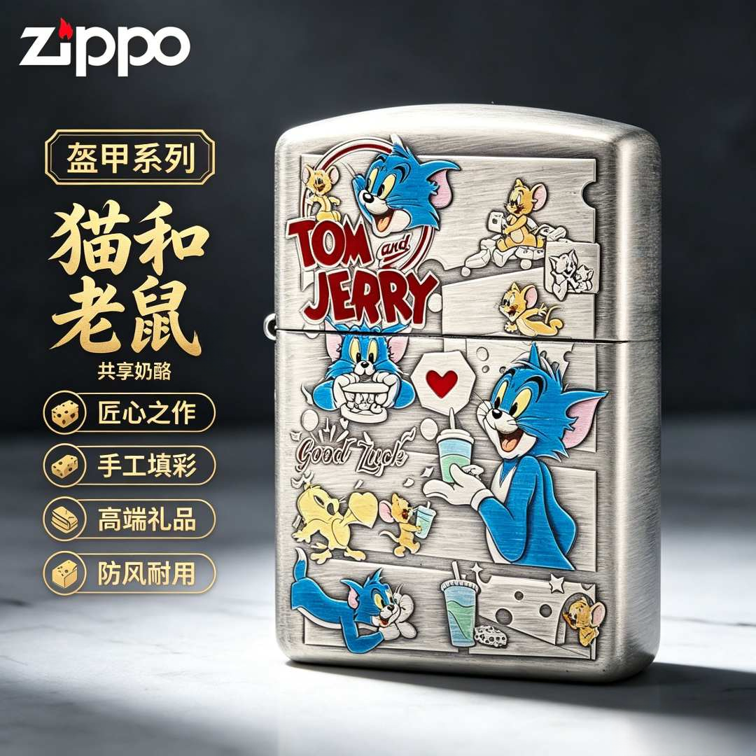 ZIPPO/之宝打火机盔甲熏银猫和老鼠-共享奶酪手工填漆防风送男友