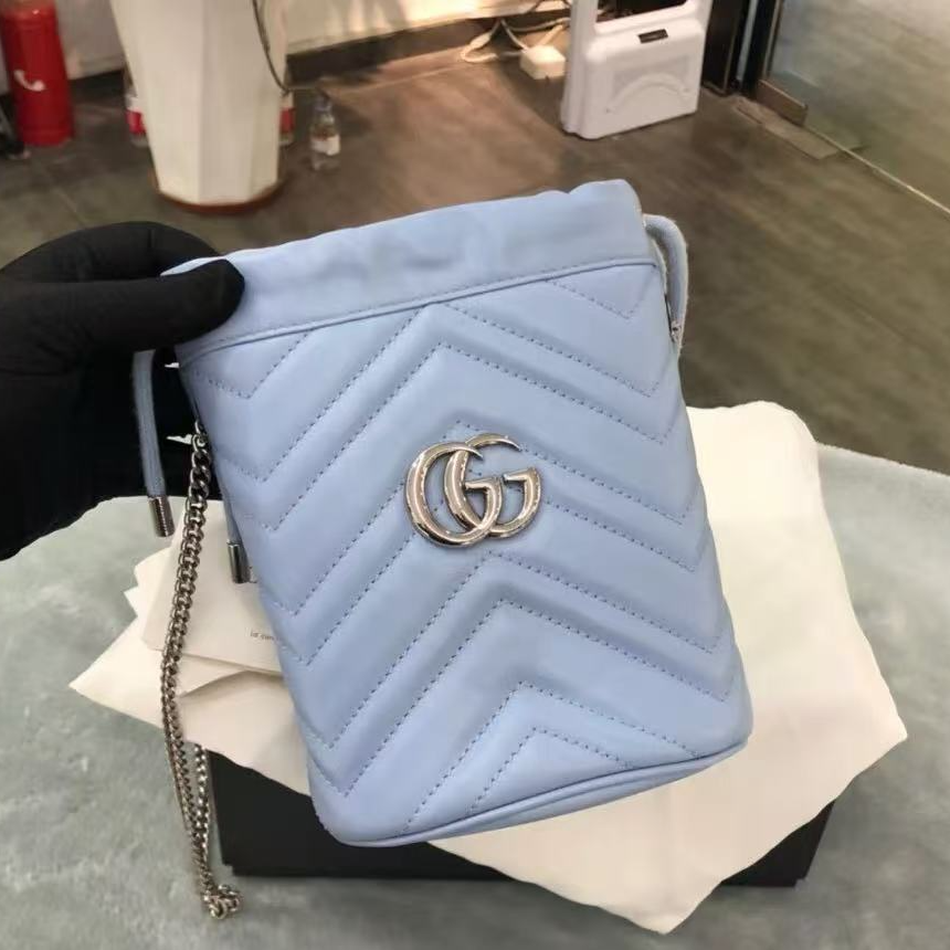 95新 GUCCI/古驰 GGS马蒙水桶蓝色银扣牛皮47883754