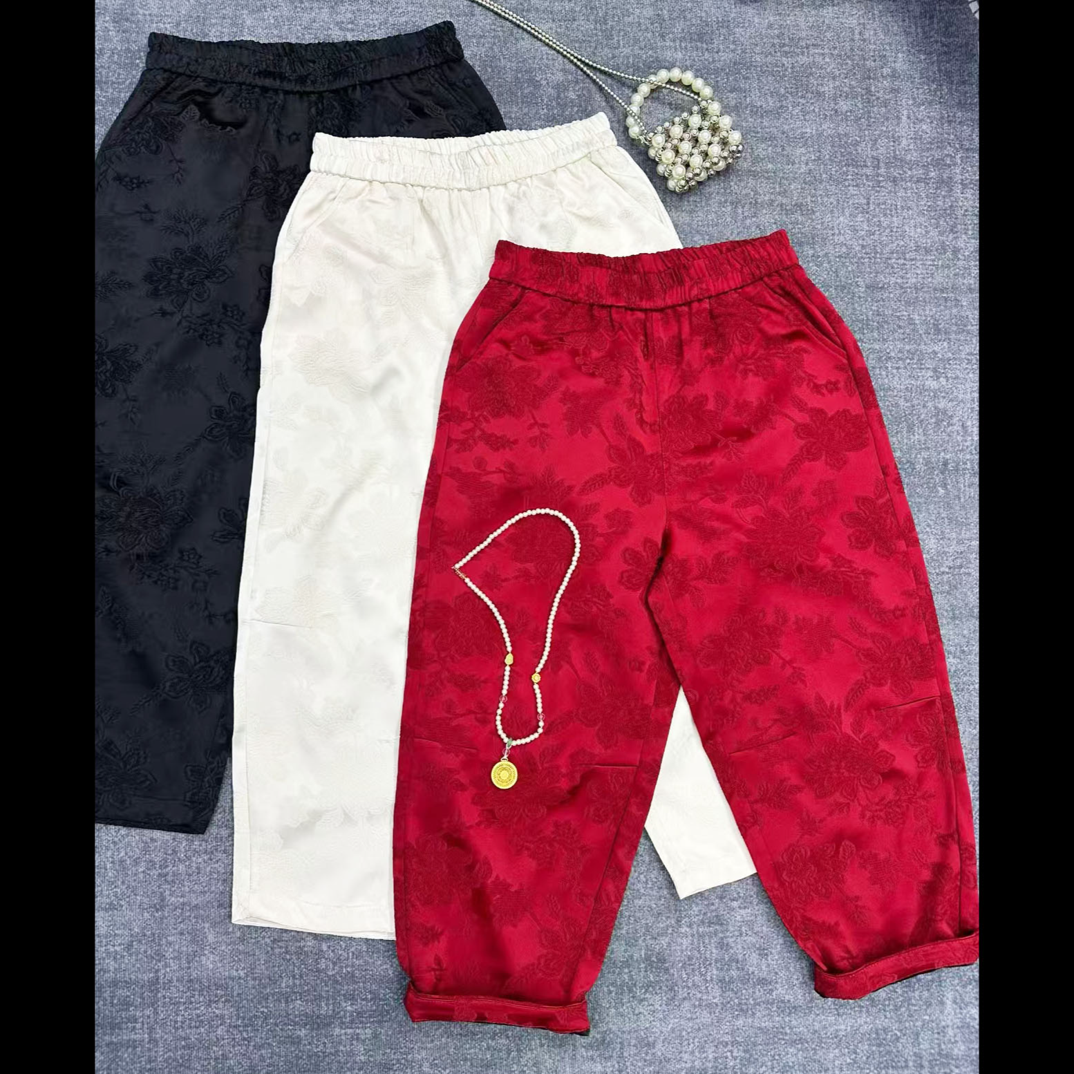 大聪新中式浮雕立体提花休闲裤高腰显瘦复古国风九分老爹裤9165