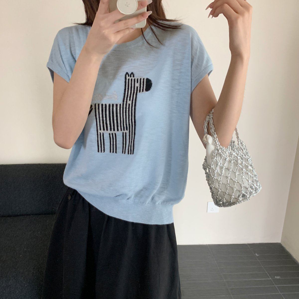 【素简.820191】夏季新款竹节麻轻薄水晶线条斑马女装上新针织衫