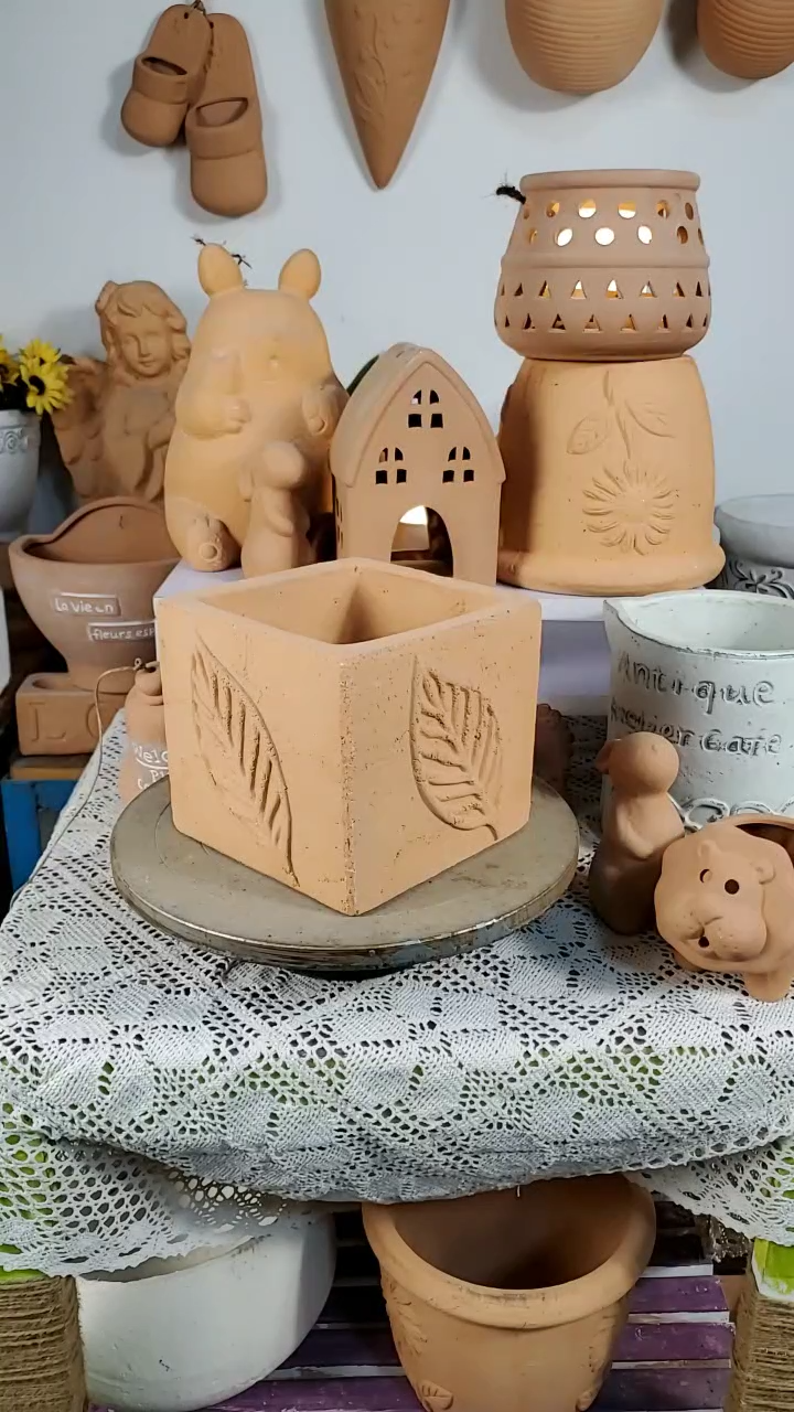 红陶花盆 1个装 树叶四方盆