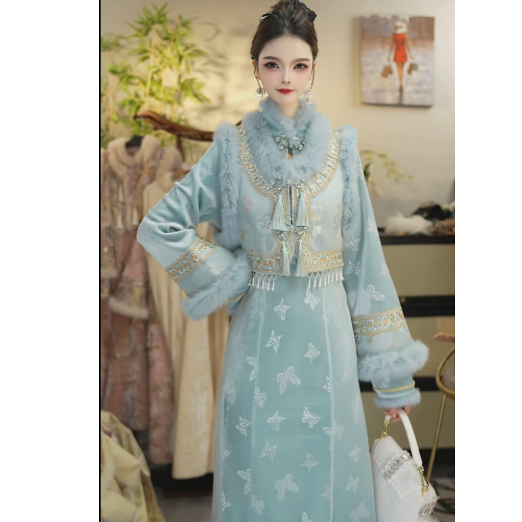 【花享悦·浅蓝若云】新款复古加绒加厚显瘦保暖女装套装（5587+5597