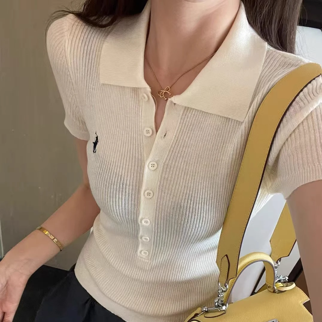  2025夏季新款刺绣polo领短袖T恤简约时尚修身显瘦设计感翻领上衣