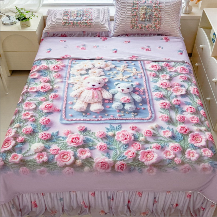 【玫瑰小熊5D数码印花夏凉被】200*230cm冰丝凉感丝夏被可机洗水洗