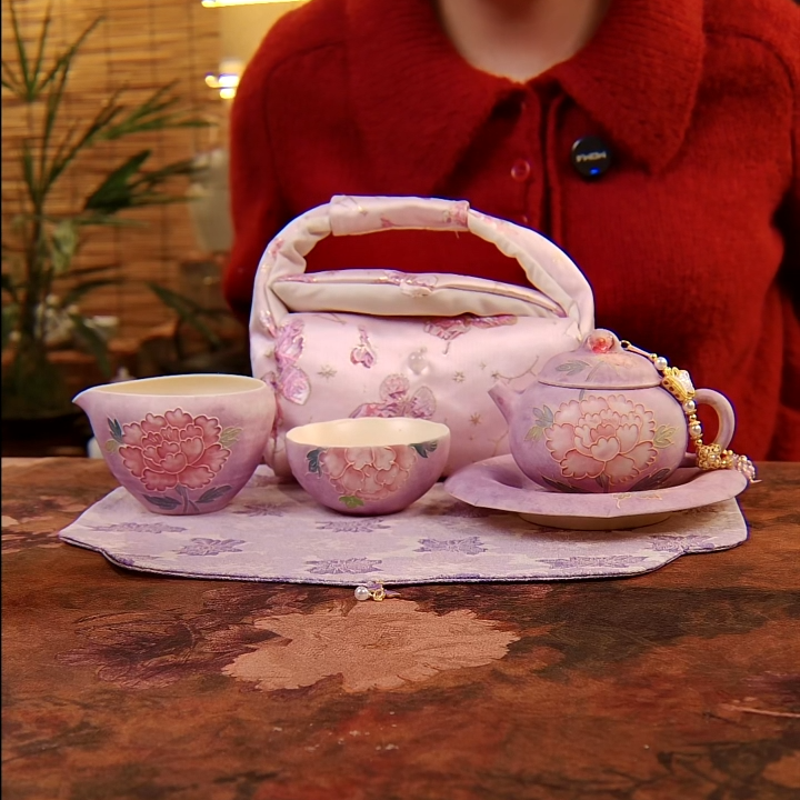 亘古粉引牡丹套组陶瓷品茗紫烟茶具茶杯茶壶泡茶喝茶主人杯旅行装