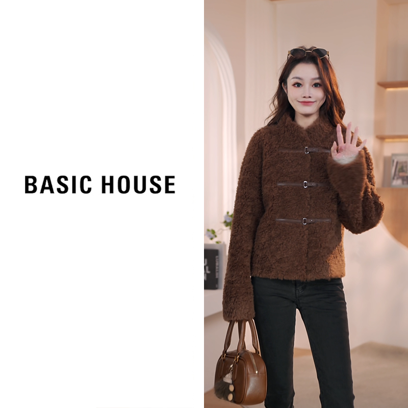 Basic House/百家好2025新款羊羔毛外套短款B1295B5Z512(衣长55）